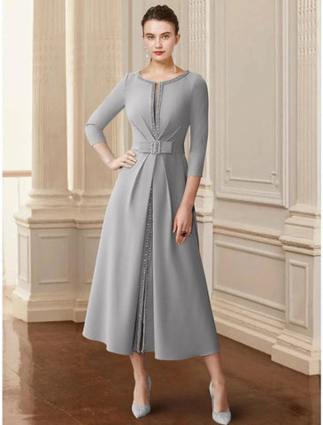 A-Linien-Kleid für die Brautmutter, Hochzeitsgast, elegant, U-Ausschnitt, knielang, Stretch-Chiffon, 3/4-Ärmel, mit Schleife(n), Paillettenrüschen