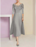 A-Line Mother of the Bride Dress Wedding Guest Elegant Scoop Neck Tea Length Stretch Chiffon Half Sleeve with Lace Ruching Solid Color
