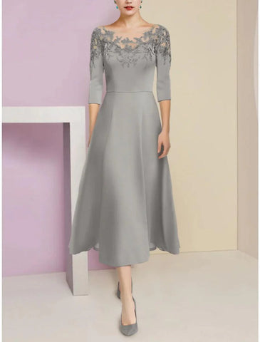 A-Linien-Kleid für die Brautmutter, Hochzeitsgast, elegant, U-Ausschnitt, knielang, Stretch-Chiffon, halbe Ärmel mit Spitzenrüschen, einfarbig