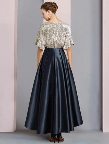 A-Linien-Kleid für die Mutter der Braut, Hochzeitsgast, elegant, funkelnd und glänzend, hoher und niedriger V-Ausschnitt, asymmetrisch, knielang, Satin, mit Pailletten, kurze Ärmel mit Falten