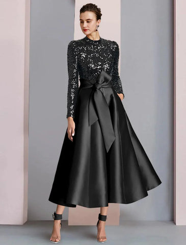 A-Linien-Kleid für die Mutter der Braut, Hochzeitsgast, elegant, funkelnd und glänzend, hoher Halsausschnitt, knielang, Satin, Pailletten, lange Ärmel mit Schleife(n), Falten
