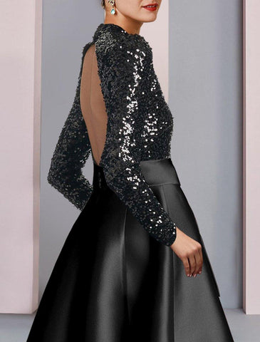 A-Linien-Kleid für die Mutter der Braut, Hochzeitsgast, elegant, funkelnd und glänzend, hoher Halsausschnitt, knielang, Satin, Pailletten, lange Ärmel mit Schleife(n), Falten