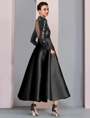 A-Linien-Kleid für die Mutter der Braut, Hochzeitsgast, elegant, funkelnd und glänzend, hoher Halsausschnitt, knielang, Satin, Pailletten, lange Ärmel mit Schleife(n), Falten