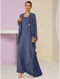 A-Line Mother of the Bride Dress Wedding Guest Elegant Square Neck Ankle Length Chiffon Long Sleeve with Crystal Brooch Ruching