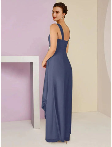 A-Line Mother of the Bride Dress Wedding Guest Elegant Square Neck Ankle Length Chiffon Long Sleeve with Crystal Brooch Ruching