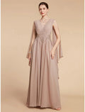 A-Line Mother of the Bride Dress Wedding Guest Elegant V Neck Ankle Length Chiffon Lace Sleeveless with Ruching Solid Color
