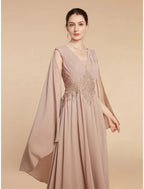 A-Line Mother of the Bride Dress Wedding Guest Elegant V Neck Ankle Length Chiffon Lace Sleeveless with Ruching Solid Color