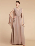 A-Line Mother of the Bride Dress Wedding Guest Elegant V Neck Ankle Length Chiffon Lace Sleeveless with Ruching Solid Color