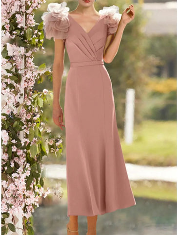 A-Line Mother of the Bride Dress Wedding Guest Elegant V Neck Ankle Length Satin Short Sleeve with Cascading Ruffles Ruching