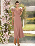 A-Linien-Kleid für die Mutter der Braut, Hochzeitsgast, elegant, V-Ausschnitt, knöchellang, Satin, kurze Ärmel, mit kaskadierenden Rüschen