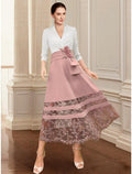 Vestido de mãe da noiva em corte A para convidada de casamento, elegante, decote em V, comprimento até ao tornozelo, chiffon elástico, manga 3/4, com renda franzida e flor