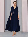 A-Linien-Kleid für die Mutter der Braut, Hochzeitsgast, elegant, V-Ausschnitt, knöchellang, Stretch-Chiffon, halbe Ärmel mit Paillettenrüschen, einfarbig