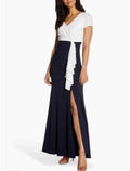A-Linien-Kleid für die Brautmutter, Hochzeitsgast, elegant, V-Ausschnitt, knöchellang, Stretch-Chiffon, kurze Ärmel mit Rüschen