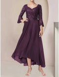 Abito da Sposa per la Madre della Sposa in Linea A, Ospite di Nozze Elegante, Scollo a V Asimmetrico, Lunghezza alla Caviglia, Chiffon e Pizzo, Manica 3/4 con Pieche, Paillettes, Colore Unito