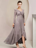 A-Linien-Kleid für die Mutter der Braut, Hochzeitsgast, elegant, V-Ausschnitt, asymmetrisch, knöchellang, Chiffon, lange Ärmel mit Rüschen, einfarbig