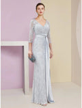 Vestido de mãe da noiva em corte A para convidada de casamento, elegante, decote em V, comprimento até ao chão, chiffon, renda, manga 3/4 com franzido, cor sólida