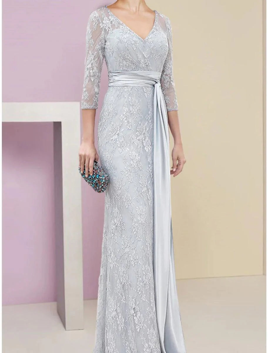 A-Line Mother of the Bride Dress Wedding Guest Elegant V Neck Floor Length Chiffon Lace 3/4 Length Sleeve with Ruching Solid Color