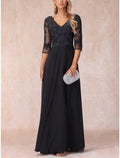 Vestido de mãe da noiva em corte A para convidada de casamento, elegante, decote em V, comprimento até ao chão, chiffon, renda, manga 3/4 com franzido, cor sólida
