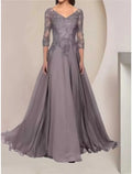 A-Linie Kleid für die Brautmutter, Hochzeitsgast, elegant, V-Ausschnitt, bodenlang, Chiffon, Spitze, halbe Ärmel mit Rüschen, einfarbig