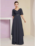 Vestido de Novia para la Madre de la Novia en Línea A, Elegante, con Escote en V, Largo hasta el Suelo, Manga Corta de Chiffon y Broche de Cristal con Fruncidos