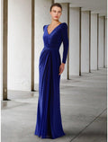 A-Linie Kleid für die Brautmutter, Hochzeitsgast, elegant, V-Ausschnitt, bodenlang, Spitze, Stretch-Chiffon, lange Ärmel mit Rüschen, einfarbig