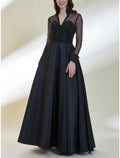 Vestido de Novia para la Madre de la Novia en Línea A, Elegante, con Escote en V, Largo hasta el Suelo, Manga Larga de Satén, con Fruncido de Lentejuelas y Color Sólido para Invitados a la Boda