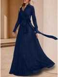Vestido de mãe da noiva em corte A para convidada de casamento, elegante, decote em V, comprimento até ao chão, chiffon elástico, manga comprida com laço(s), franzido, cor sólida