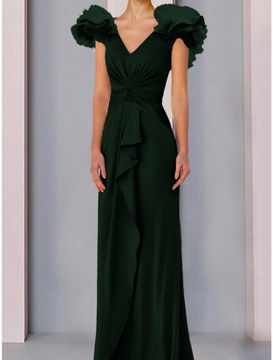 A-Linien-Kleid für die Mutter der Braut, Hochzeitsgast, elegant, V-Ausschnitt, bodenlang, Stretch-Stoff, kurze Ärmel, mit Rüschen, Rüschen, einfarbig