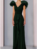 A-Linien-Kleid für die Mutter der Braut, Hochzeitsgast, elegant, V-Ausschnitt, bodenlang, Stretch-Stoff, kurze Ärmel, mit Rüschen, Rüschen, einfarbig