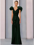 A-Linien-Kleid für die Mutter der Braut, Hochzeitsgast, elegant, V-Ausschnitt, bodenlang, Stretch-Stoff, kurze Ärmel, mit Rüschen, Rüschen, einfarbig