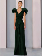 A-Linien-Kleid für die Mutter der Braut, Hochzeitsgast, elegant, V-Ausschnitt, bodenlang, Stretch-Stoff, kurze Ärmel, mit Rüschen, Rüschen, einfarbig