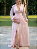A-Linien-Kleid für die Brautmutter, Hochzeitsgast, elegant, V-Ausschnitt, Schleppe/Pinselschleppe, Chiffon, lange Ärmel, geschlitzte Rüschen vorne