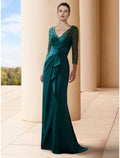 Abito da Madre della Sposa a Linea A Invitato Matrimonio Elegante Scollo a V Strascico Sweep / Brush Chiffon Elasticizzato Manica 3/4 con Fiocco/i Ruching Paillettes