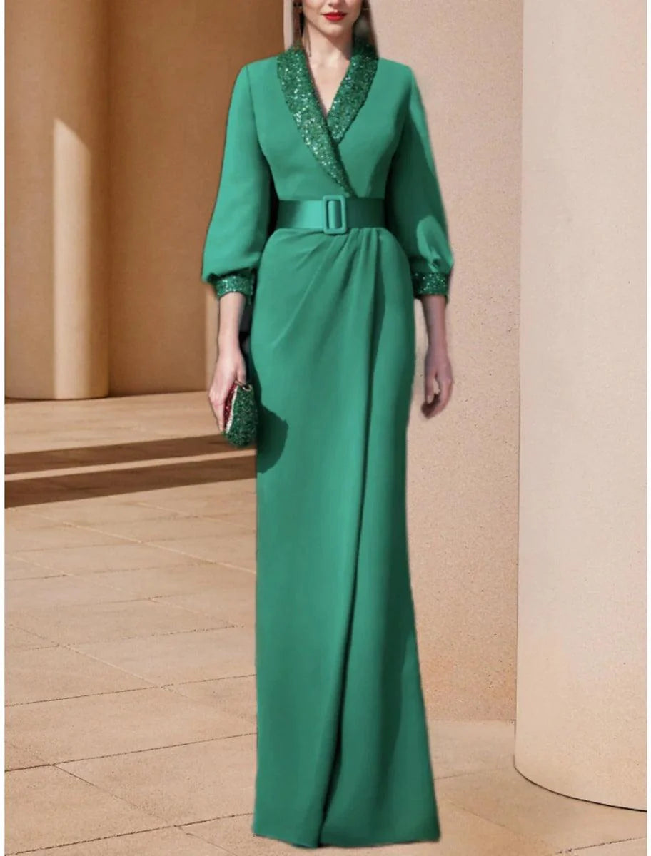 A-Line Mother of the Bride Dress Wedding Guest Elegant V Neck Sweep / Brush Train Stretch Chiffon 3/4 Length Sleeve with Sequin Ruching
