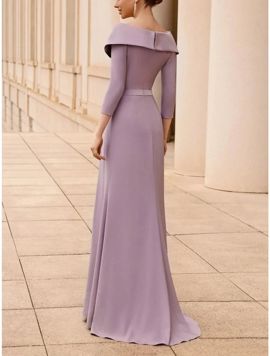 Vestido de mãe da noiva em corte A, elegante, decote em V, cauda longa, chiffon elástico, manga curta com aplicações franzidas