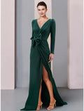A-Linie Kleid für die Brautmutter, Hochzeitsgast, elegant, V-Ausschnitt, Schleppe/Pinselschleppe, Stretch-Stoff, lange Ärmel mit Schleife(n), Schlitz vorne, Rüschen