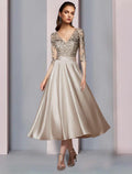 Vestido de Novia para la Madre de la Novia en Línea A, Elegante, con Cuello en V, Largo de Té, de Satin y Encaje, Manga Tres Cuartos con Pliegues y Aplicaciones