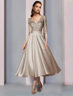 A-Line Mother of the Bride Dress Wedding Guest Elegant V Neck Tea Length Satin Lace Half Sleeve with Pleats Appliques