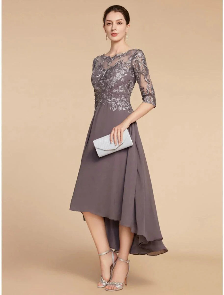 A-Line Mother of the Bride Dress Wedding Guest Elegant Vintage Scoop Neck Asymmetrical Chiffon Lace Half Sleeve with Ruching Solid Color
