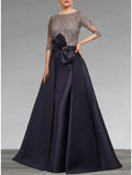 Robe de mariée pour la mère de la mariée, style A-Line, pour invité·e·s, élégante, avec encolure en cœur, traîne balayée, en satin et dentelle, manches trois-quarts, avec nœud(s) et ruchés
