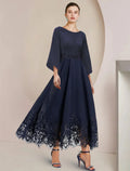 Abito da Sposa per la Madre della Sposa in Linea A, Ospite di Nozze, Elegante, Scollo a Cuore, Lunghezza Tè, Chiffon e Pizzo, Manica 3/4 con Appliques