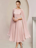 Vestido de novia para la madre de la novia en línea A, elegante, para invitados a la boda, con escote cuchara, largo de té, chiffon, sin mangas, con pliegues y broche de cristal