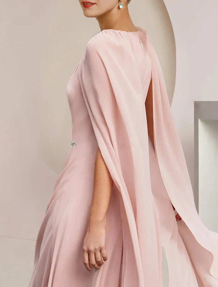 A-Line Mother of the Bride Dress Wedding Guest Party Elegant Scoop Neck Tea Length Chiffon Sleeveless with Pleats Crystal Brooch