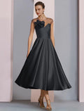 Vestido mãe da noiva corte A, elegante, para festa de casamento, decote redondo, comprimento chá, cetim, manga curta, com pregas, flores