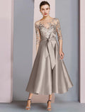 Robe de mariée pour la mère de la mariée, style A-Line, pour invitées, élégante, encolure en cœur, longueur midi, en satin et dentelle, manches trois-quarts avec nœud(s) et appliqués