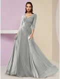 Abito da Sposa per la Madre della Sposa in Linea A, Ospite di Nozze, Elegante, Scollo a V, Lunghezza Pavimento, Chiffon, Manica 3/4 con Piega a Ruché e Paillettes