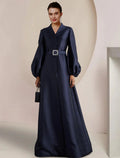 A-Linien-Kleid für die Brautmutter, Hochzeitsgast-Party, elegant, V-Ausschnitt, bodenlang, Satin, lange Ärmel, mit Perlen, Kristallbrosche