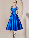 Abito da Sposa per la Madre della Sposa in Linea A, Ospite di Nozze, Elegante, Scollatura a V, Lunghezza Tè, Satin, Pizzo, Mezza Manica con Fiocco/i, Pieche, Applicazioni