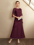 A-Line Mother of the Bride Dress Wedding Guest Plus Size Elegant Jewel Neck Ankle Length Chiffon Half Sleeve with Ruffles Side-Draped Fall
