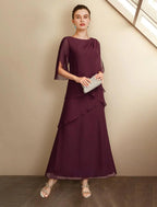 A-Line Mother of the Bride Dress Wedding Guest Plus Size Elegant Jewel Neck Ankle Length Chiffon Half Sleeve with Ruffles Side-Draped Fall